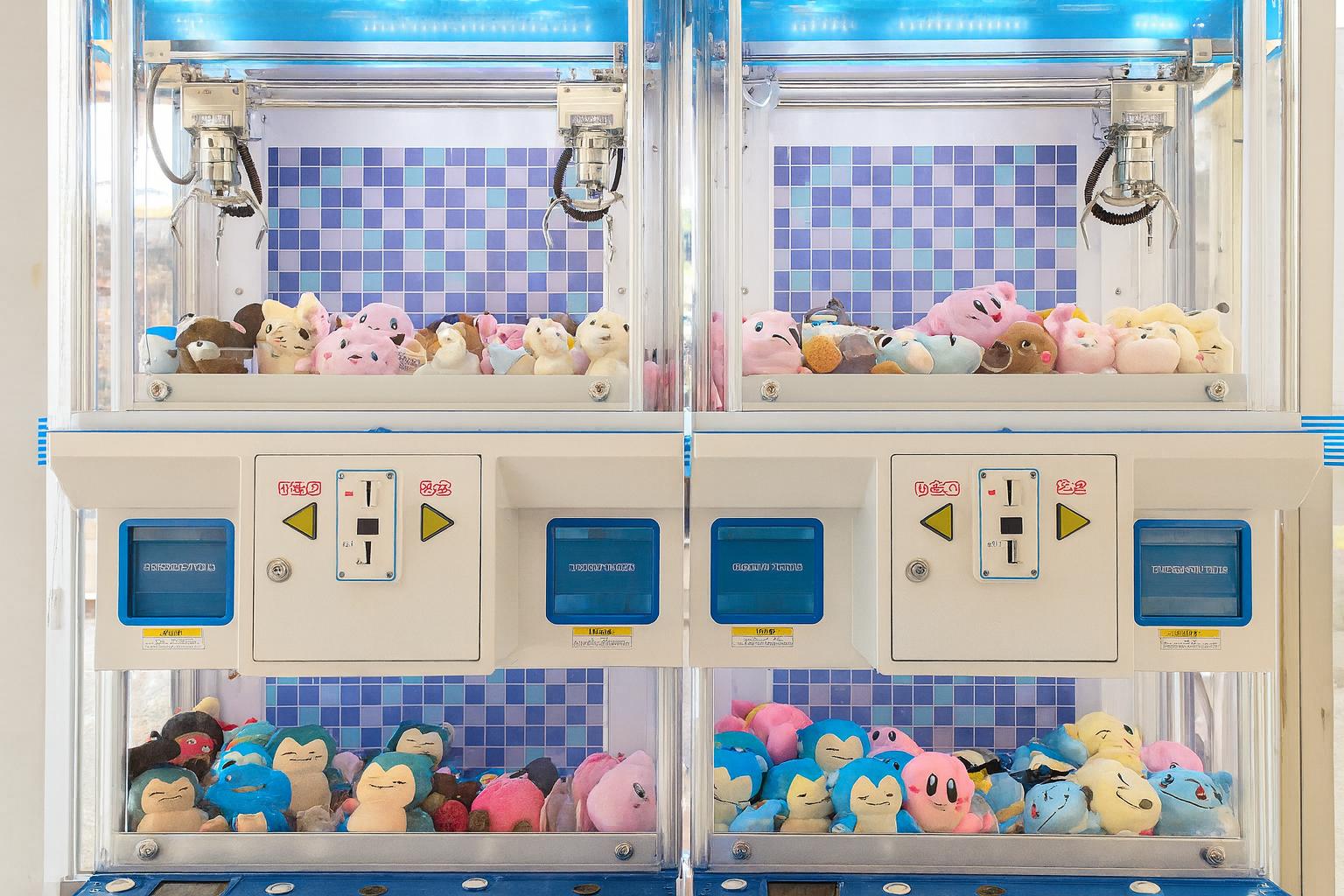 ローソンクレーンゲーム機が並んでいる様子。透明なケースの中にはカラフルなぬいぐるちいかわ