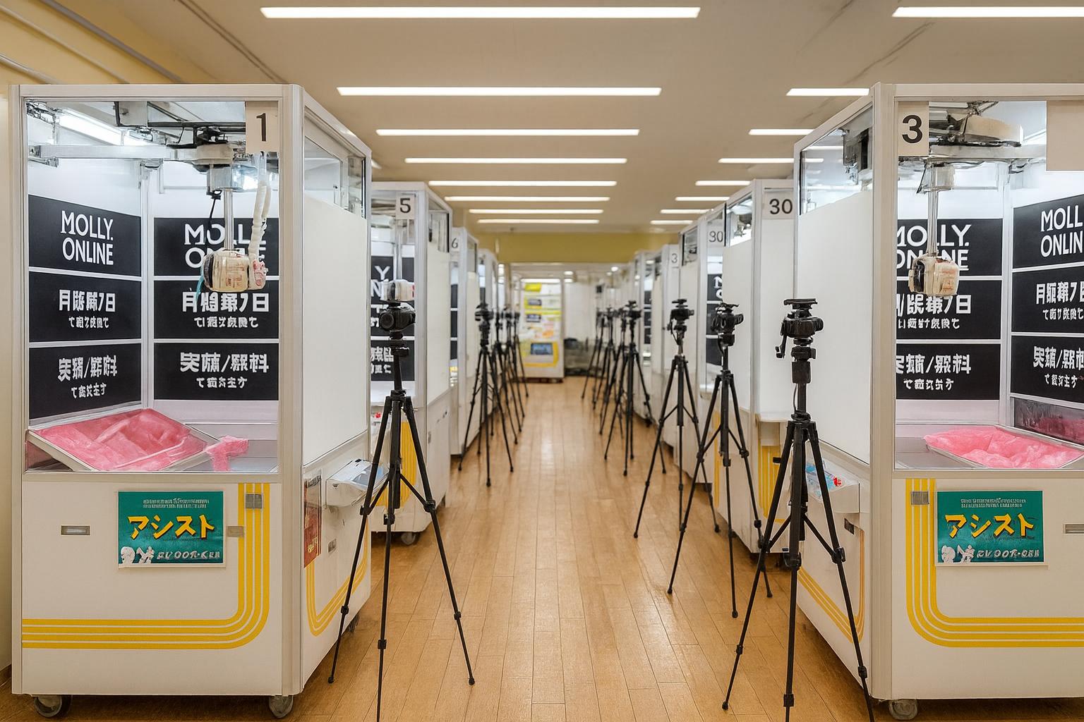 オンラインクレーンゲームのプレイルーム。左右に並ぶクレーンゲーム機と、その前に設置された多数のカメラ三脚が奥へ続いている様子。
